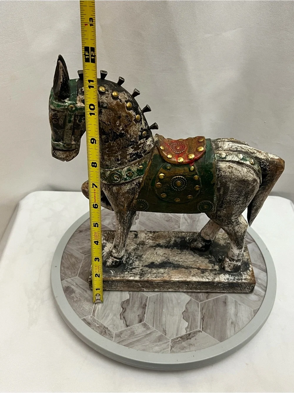 Pier 1 Rustic Distressed Wooden Horse Figurine Statue Green Gold Decor 12”